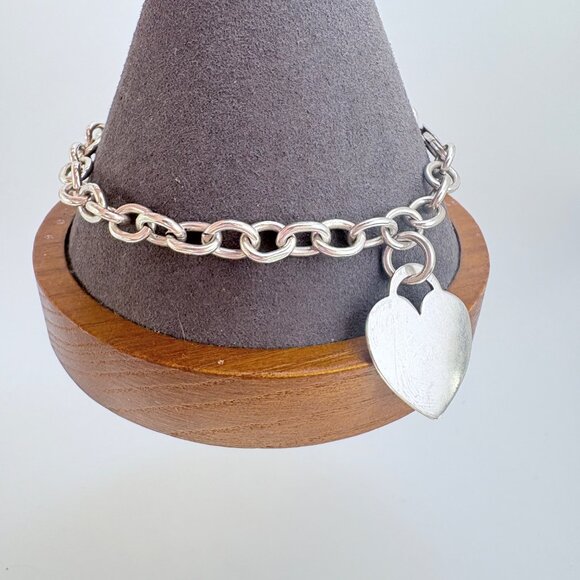 VTG Sterling Silver 925 Heart Tag Round Link Chain Bracelet Size 8.5" Length - Picture 2 of 9